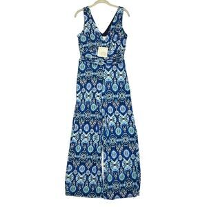 Pappagallo Multiprint Wide Leg Jumpsuit NWT Women's Sz S Blue Sleeveless V-Neck